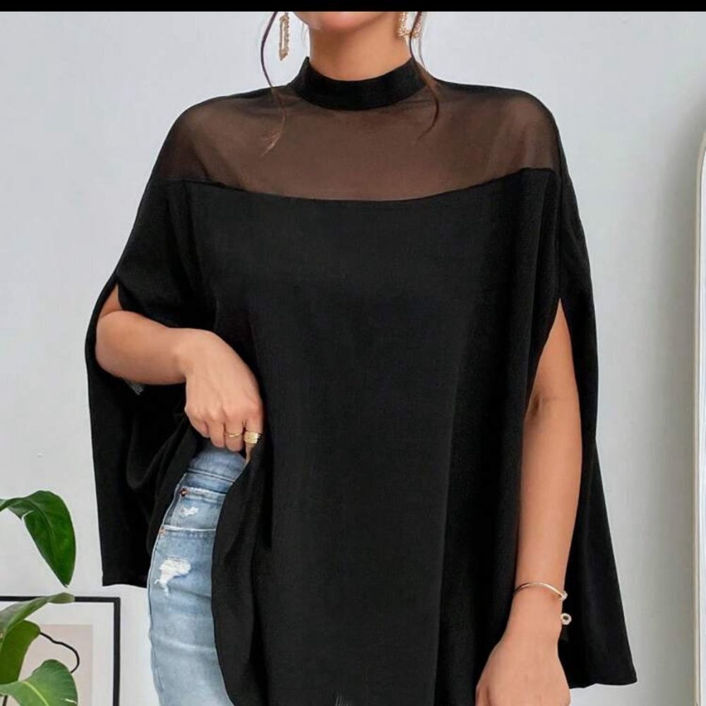 Women's Mesh Panel Stand Collar Loose Casual Shirt For Valentine's Day And Party